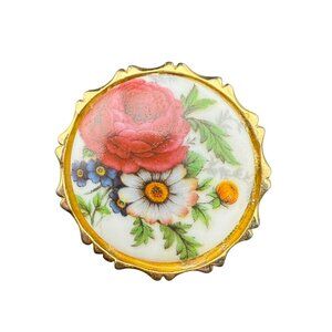Vintage Floral Porcelain Pendant Brooch Goldtone Pink Rose Daisy Décor Versatile
